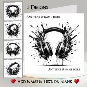 Carte pour casque audio : ajoutez votre texte et votre nom ~ Message à l'intérieur ~ 5 modèles au choix ~ Casque de jeu, joueur, casque, casque, musique, DJ