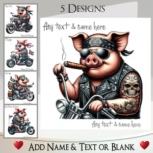 Biker Pig Card: aggiungi il tuo testo + nome, messaggio interno, 5 design ~ Maiale in motocicletta, maiale, bicicletta, motocicletta, motociclista, test della moto, giro in bicicletta, motociclista