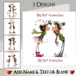 May include: A set of Christmas greeting cards with whimsical illustrations. The main card features a couple kissing under mistletoe, with text that reads "Any text & name here." Additional designs are displayed, each with a unique couple and holiday message.