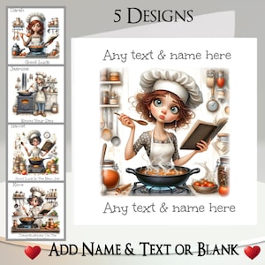Matlagningskvinna-kort: Lägg till din text + namn, insida meddelande eller blankt. 5 designer. Flicka, Dam, Kock, Kök, Måltid, Kastrull, Recept, Nyckfullt