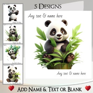 Panda Karte: Fügen Sie Ihren Text + Namen, Insider Nachricht, 5 Designs zur Auswahl ~ Niedlicher Panda, Panda Bär, Bambus, Blumen, Schwarzer und Weißer Bär