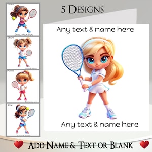 Carte Tennis Girl : ajoutez votre texte + votre nom, un message à l'intérieur, 5 modèles. Match de tennis, Joueur de tennis, Balle de tennis, Raquette, Sport, Partie de tennis