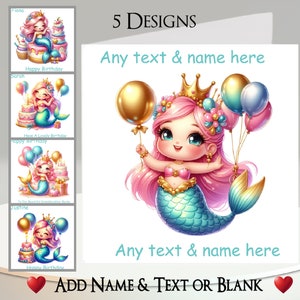 Tarjeta de sirena: agregue su texto + nombre, mensaje interior, 5 diseños para elegir ~ sirena, sirena, pirata, pez, escamas, mar, pastel, globos