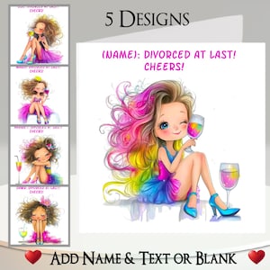 Biglietto di divorzio: aggiungi il tuo testo e nome, messaggio interno, 5 design. Personalizzato, Rottura, Divorzio, Vino, Alcol, Donna, Ragazza, Divertente, Umoristico