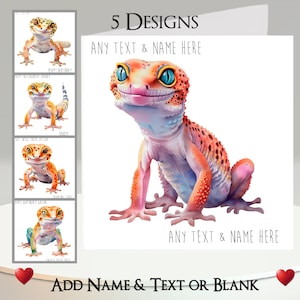 Gecko Karte: Fügen Sie Ihren Text + Name hinzu, Insiderhinweis, 5 Designs, Lustiger Gecko, Haustier, Eidechse, Reptil, Gekkota, Haustier, Cartoon, Zeichnung, Humorvoll