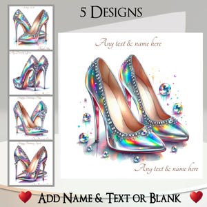 Dancing Queen Card: aggiungi il tuo nome + testo, messaggio interno, 5 design. Stiletto arcobaleno, tacchi trasparenti, scarpe da ballo, eleganti
