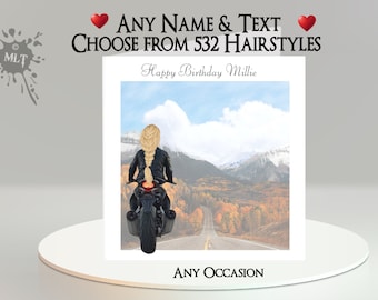 Female Biker Card: Add Your Message, Name, Choose Hair ~ Inside Message ~ Girl Biker, Woman Biker, Motorcycle, Motorbike, Bike