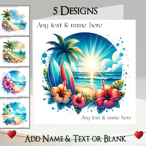 Carte de plage tropicale : ajoutez votre texte et votre nom ~ message intérieur ~ soleil, mer, océan, palmier, fleurs, bateau, surf, tortue, vacances, vacances