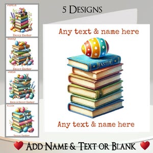 Osterkarte: Füge deinen Text + Name hinzu, Innenbotschaft, 5 Designs. Osterbücher, Buch, Reader, Lektüre, Ostereier, Schleife, Hobby