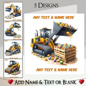 Cartão de Páscoa: Adicione seu texto + nome, mensagem interna, 5 designs, escavadeira de Páscoa, construção, escavadeira, canteiro de obras, ovos de Páscoa