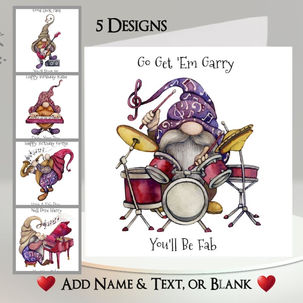 Musical Gnome Card: Add Your Text + Name ~ 5 Designs To Choose From ~ FREE MESSAGE INSIDE ~ Piano, Guitar, Drums, Keyboard, Saxophone, Band