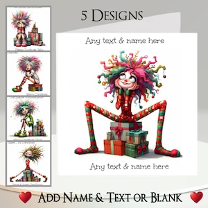 Kerstkaart: tekst en naam toevoegen, bericht binnenin, 5 ontwerpen, eigenzinnig meisje, tiener, gekleurd haar, lange benen, cadeau, cadeau, grappig, leuk