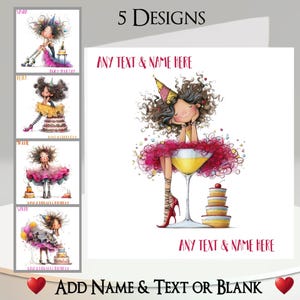 Biglietto di auguri per la ragazza del compleanno: aggiungi il tuo nome + testo, messaggio interno, 5 design. Torta di compleanno, candele, ragazza eccentrica, capelli grandi, champagne, vino, festa