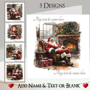 Puede incluir: Tarjeta de felicitación navideña con cinco diseños que presentan a Papá Noel en un ambiente acogedor. La tarjeta principal muestra a Papá Noel en una silla junto a una chimenea. El texto de la tarjeta dice "Add Name & Text or Blank."