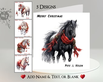 Horse Christmas Card: Add Your Text + Name ~ Inside Message ~ Beautiful Christmas Horse, Bridle, Saddle, Baubles, Christmas Tree, Holly