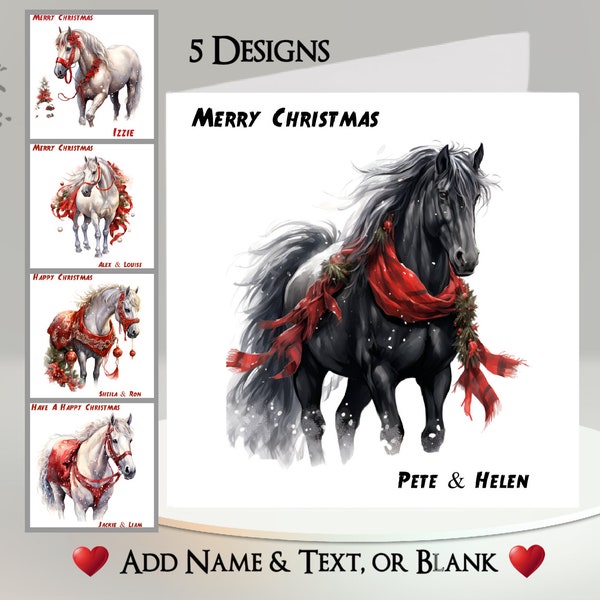 Paard kerstkaart: voeg uw tekst + naam toe ~ Inside Message ~ Mooi kerstpaard, hoofdstel, zadel, kerstballen, kerstboom, hulst