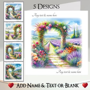 Bloemenboogkaart: tekst en naam toevoegen ~ 5 ontwerpen om uit te kiezen ~ binnenbericht ~ bloemen, bloemen, tuinboog, boog, pad, pad