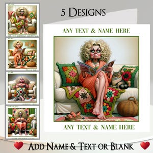 Carte femme magazine : ajoutez votre texte + votre nom, un message à l'intérieur, 5 modèles. Femme décalée, Amusant, chat, animal de compagnie, félin, canapé, canapé, couverture, humoristique