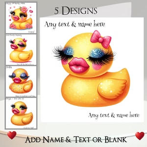 Tarjeta de pato: agregue su texto + nombre ~ 5 diseños para elegir ~ Mensaje interior, pato glamoroso, pestañas postizas, pestañas, pucheros, bótox, maquillaje
