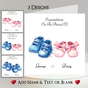 Nouvelle carte de jumeaux : ajoutez vos noms + texte ~ message intérieur ~ nouveau-né, bébé, chaussures, chaussures de bébé, fils, fille, jumeaux, nouveaux parents, grands-parents