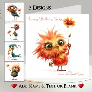 Carte oiseau : ajoutez votre texte et votre nom ~ message à l'intérieur ~ oiseau drôle, oiseau tenant une fleur, oiseau noir, oiseau étrange, fleurs, drôle, humoristique, mignon