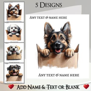 Tarjeta de perro: Añade tu texto + nombre, mensaje interior, 5 diseños. Perro en caja: Terrier, Labrador, Rottweiler, Pastor Alemán, Pastor Alemán, Pastor Alemán, Divertido, Humorístico