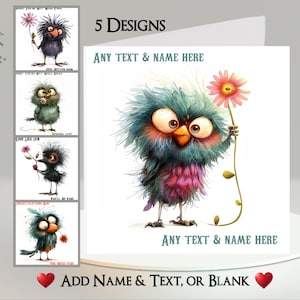 Carte oiseau : ajoutez votre texte et votre nom ~ message à l'intérieur ~ oiseau drôle, oiseau tenant une fleur, oiseau noir, oiseau étrange, fleurs, drôle, humoristique, mignon
