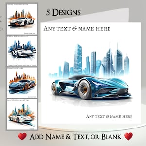 Futuristische autokaart: tekst + naam toevoegen ~ binnenbericht ~ gepersonaliseerd, auto, motorvoertuig, sportwagen, klassieke auto, autorijden, rijexamen