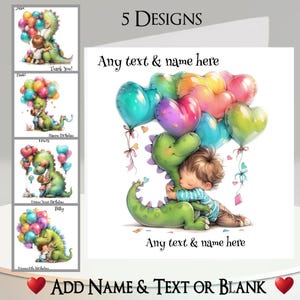 Feestdinosauruskaart: tekst en naam toevoegen, bericht binnenin, 5 ontwerpen, schattige dinosaurussen, ballonnen, jongen, schattige T-Rex, knuffel, prehistorisch, Jura