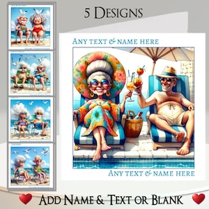 Carte pour couple au bord de la piscine : ajoutez votre nom + texte, message à l'intérieur, 5 modèles, femme originale, homme, transat, natation, fantaisiste, drôle, humoristique