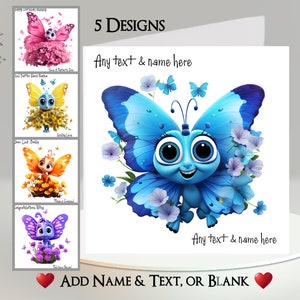 Carte papillon fleur : ajoutez votre texte et votre nom ~ message à l'intérieur ~ papillon coloré, papillon rigolo, papillon joyeux, ailes, insecte