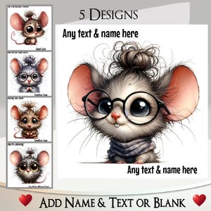 Tarjeta de ratón: Agregue su texto + nombre, mensaje interior, 5 diseños para elegir ~ Ratón lindo, Ratón que mira, Ratones, Roedor, Mascota, Ojos grandes, Divertido