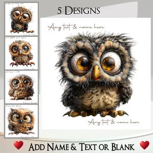 Carte chouette : ajoutez votre texte et votre nom, message à l'intérieur, 5 modèles au choix ~ Jolie chouette, chouette chevêche, grands yeux, oiseau, dessin de chouette, chouette débraillé