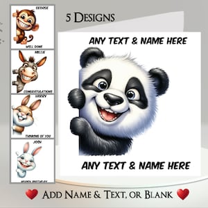 Carte d'animal furtivement : ajoutez votre texte et votre nom ~ 5 modèles au choix ~ message à l'intérieur ~ singe, âne, lapin, panda, drôle, sourire, dents