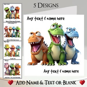 恐竜カード: テキスト + 名前を追加、内側のメッセージ、5 つのデザイン、かわいい恐竜、T-Rex、先史時代、ジュラ紀、面白い、笑う