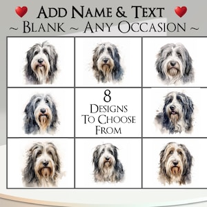 Cartão Bearded Collie: Adicione seu texto + nome ~ Mensagem interna ~ Qualquer ocasião ou em branco ~ Canino, Retrato de cachorro, Animal de estimação, Cachorro, Filhote de cachorro, Collie