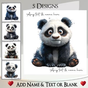 Carte panda : ajoutez votre texte et votre nom, message à l'intérieur, 5 modèles au choix ~ panda, dos d'ours, mignon, ours noir et blanc, dessin