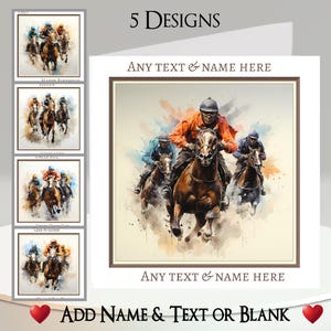 Pferderennen Karte: Fügen Sie Ihren Text + Name hinzu, Insiderhinweis, 5 Designs: Reiter, Pferderennen, Jockey, Pferde, Reiter, Sport, Galopp, Wahrscheinlichkeiten
