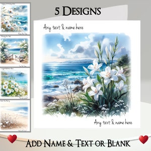 Serene strandkaart: tekst + naam toevoegen ~ binnenbericht ~ Tropisch strand, bloemen, bloemenstrand, zee, oceaan, golven, zand, bloemen op het strand
