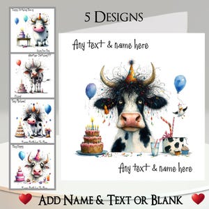 Carte d'anniversaire vache : ajoutez votre nom + texte, message à l'intérieur, 5 modèles. Gâteau d'anniversaire, Bougies, Vache originale, Bovin, Chapeau de fête, Ferme, Mignonne, Drôle