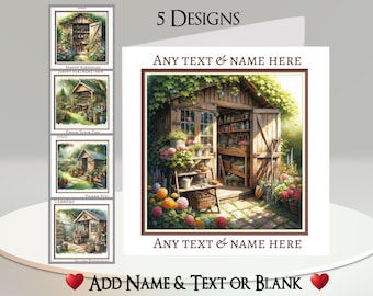 Kaart tuinschuur: tekst en naam toevoegen, bericht binnenin, 5 ontwerpen, tuin, tuinman, potschuur, bloemen, hark, bezem, schop, hobby,