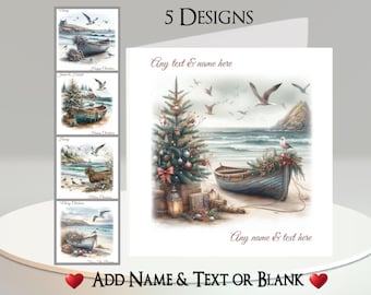 Kerststrandbootkaart: tekst + naam, bericht binnenin, 5 ontwerpen. Zee, oceaan, boom, decoraties, zeemeeuw, meeuw, kust, landschap
