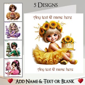 Biglietto di auguri per la ragazza del compleanno: aggiungi il tuo nome + testo, messaggio interno, 5 design. Torta di compleanno, candele, ballerina, tutù, scarpe da ballo, abito da festa
