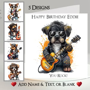Carte Rockin' Dog : ajoutez votre texte et votre nom ~ message intérieur ~ chien, basse, guitare, six cordes, guitare acoustique, rocker, musique, instrument, rock