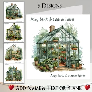 Cartão de estufa: adicione seu texto + nome, mensagem interna, 5 designs, jardim, jardineiro, galpão de vasos, flores, plantas, vegetais, passatempo