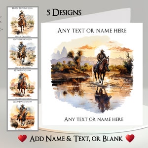 Cowboy Karte: Füge Deinen Text + Namen hinzu ~ 5 Designs zur Auswahl ~ Deine Botschaft ~ Western, Wilder Westen, Cowboy, Sonnenuntergang, Stiefel, Hut, Pferd