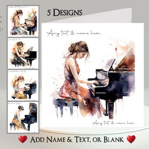Tarjeta de pianista: agregue su texto + nombre ~ Mensaje interior ~ Piano, teclado, pianista femenina, músico, música, instrumento, recital de música, concierto