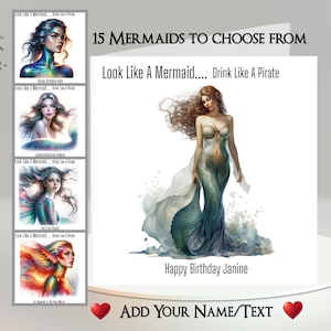 Carte sirène amusante : ajoutez votre texte et votre nom ~ 15 sirènes au choix ~ message à l'intérieur ~ ressemble à une sirène, bois comme un pirate, sirène, mer