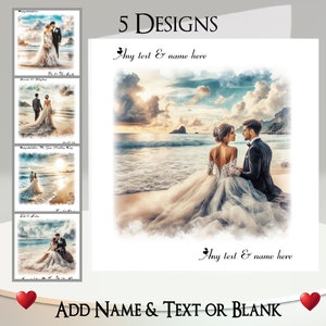 Carte de mariage sur la plage : ajoutez le nom et la date ~ message intérieur ~ mari, femme, mariage sur la plage, jour du mariage, mariage, cérémonie de mariage, mer, océan