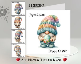 Easter Card: Personalised ~ Add Your Text + Name ~ Inside Message ~ 5 Designs To Choose From ~ Easter Egg, Gnome, Gonk, Knitted Hat, Troll